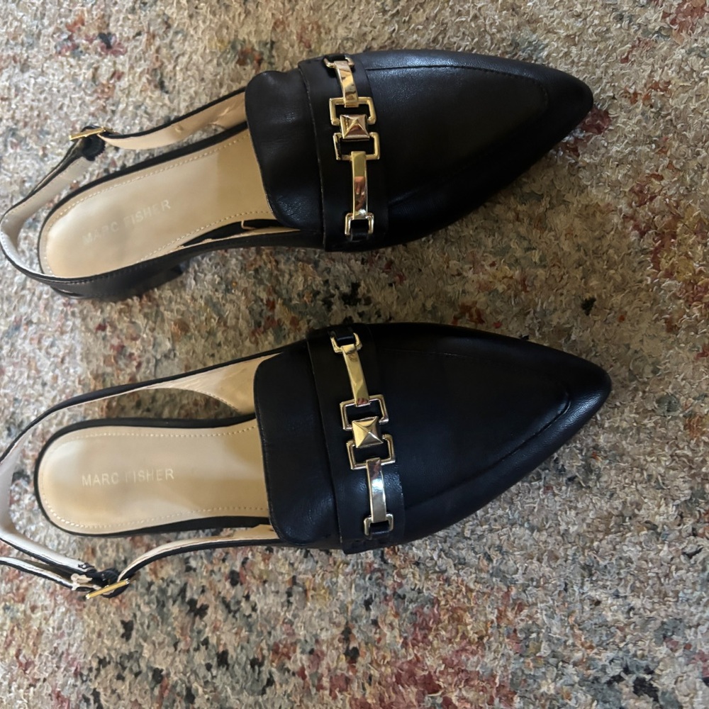 Marc Fisher Black Loafers with Gold Chain